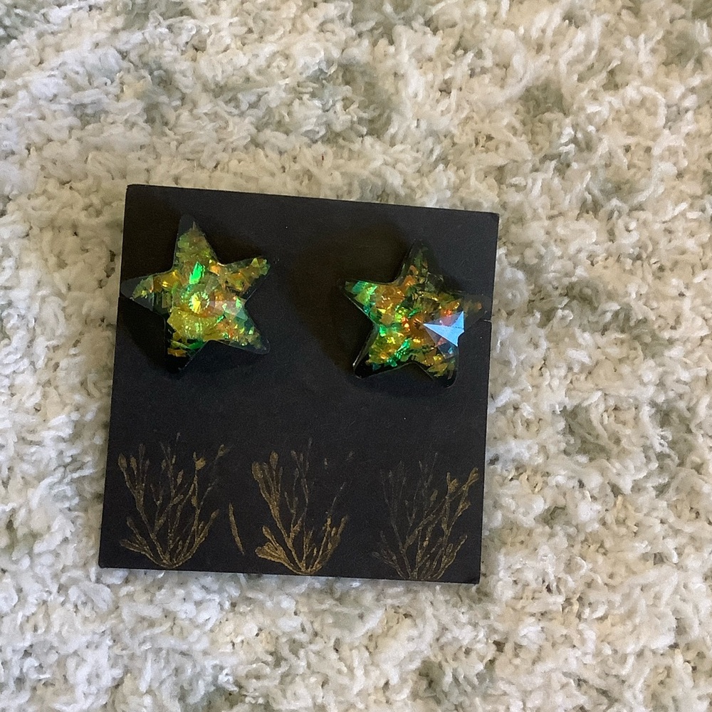 Cosmic Holographic Resin Star Shaped Pierced Fashion Earrings NWT Handcrafted